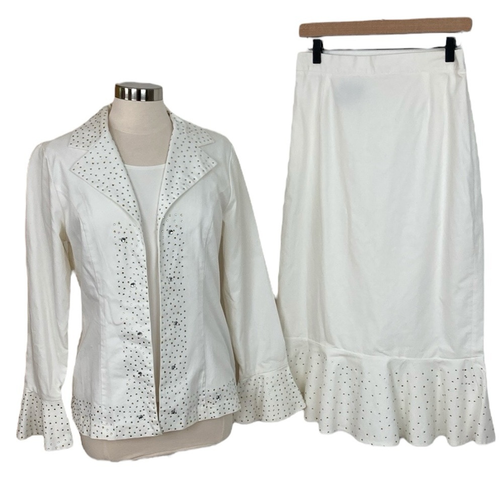 Ashro White Stretch Crystal Studded 2 Piece Skirt Jacket Set